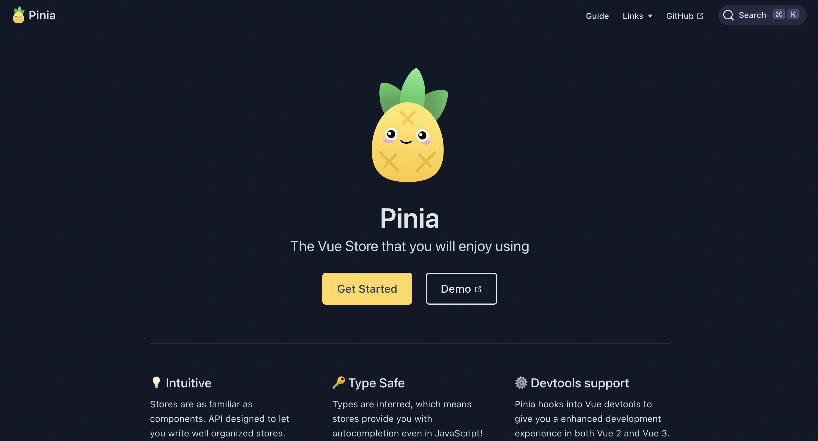 Pinia homepage screenshot