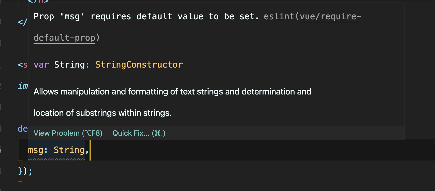 screenshot of ESLint working with VS Code providing a yellow squiggly line to indicate a warning
