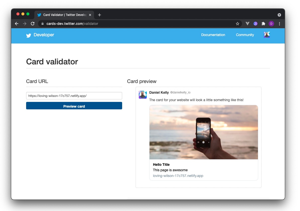 screen shot of successful preview in Twitter Card Validator