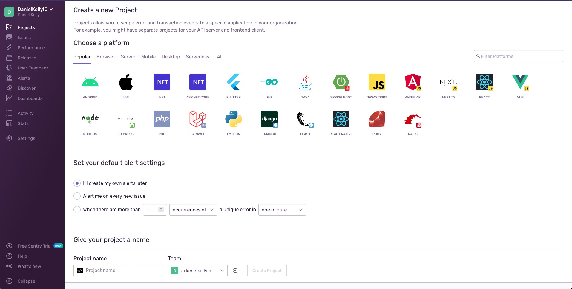 screenshot of project setup in Sentry