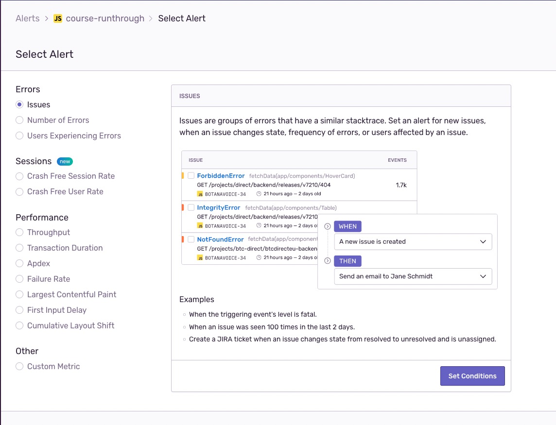 screenshot of alert setup in Sentry