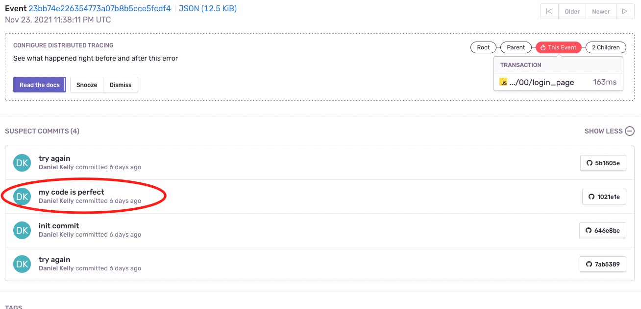 screenshot of suspect commit in Sentry