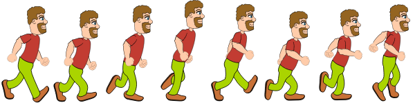 static sprite image of man walking with all frames shown at once 
