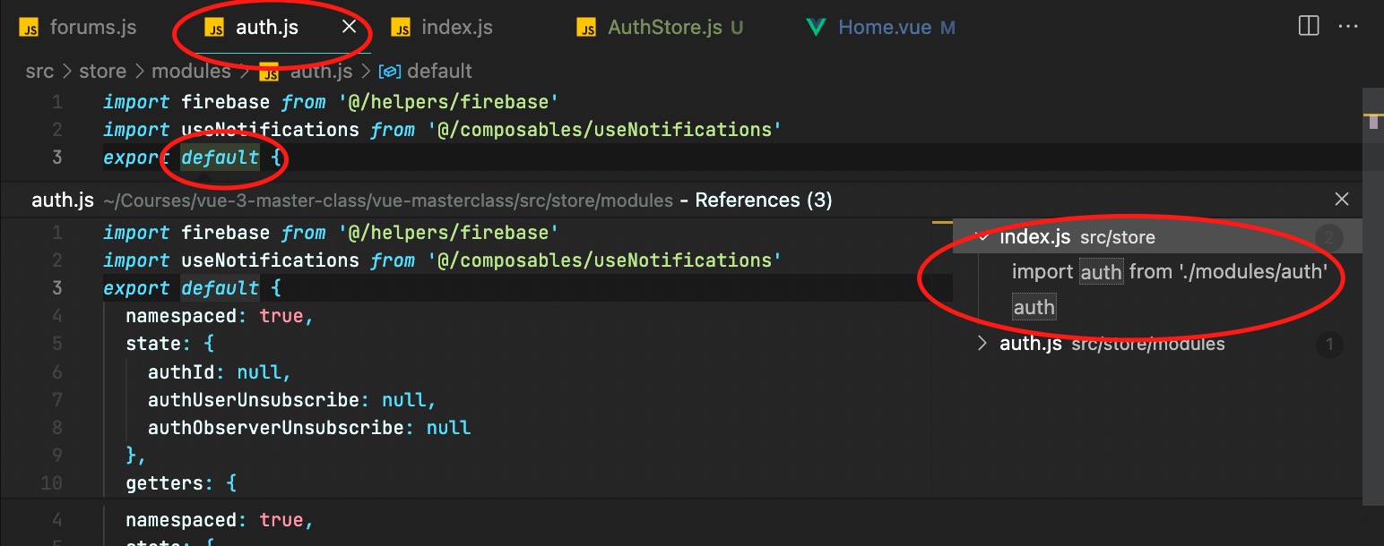 screenshot of VS code after cmd click to check where all auth module was being imported