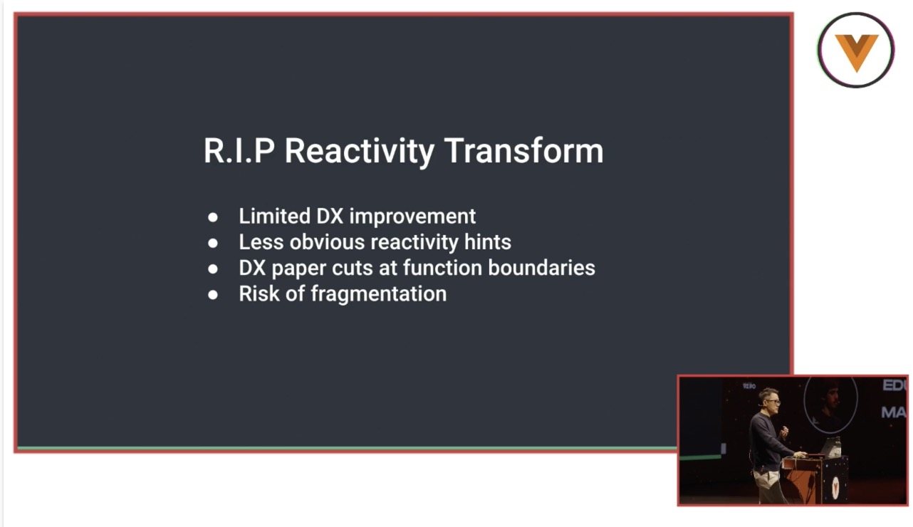 slide detailing reasons why reactivity transform has been dropped